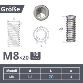 ORTAVA Set Screws M8 x 20 mm DIN 913 / ISO 4026 with Hexagon Socket (ISK) and Taper Tip, Set Screw Stainless Steel (Silver) Pack of 10