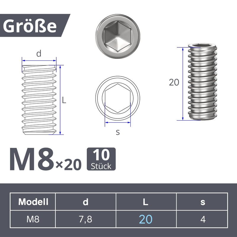 ORTAVA Set Screws M8 x 20 mm DIN 913 /