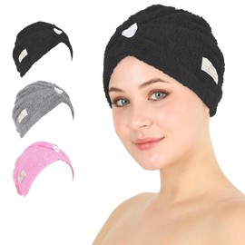 HALLEY Cotton Hair Towel Wrap (3 Packs) Super Absorbent Fast Drying Hair Towel for Thick Hair Turbans for Wet Hair with Button (Black, Grey, Pink)