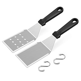 Metal Spatula Set of 2, HaSteeL 11.8 x 2.8In Stainless Steel Perforated Spatula & Solid Turner Flipper, Flat Top Griddle Teppanyaki Hibachi Tools for Barbecue Camping, Plastic Handle & Easy to Clean