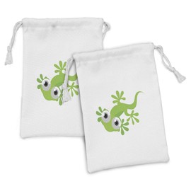 Lunarable Reptile Fabric Pouch Set of 2, Lizard Looking at Us Creature Animal Prehistoric Nature Animation Design Print, Small Drawstring Bag for Toiletries Masks and Favors, 9" x 6", Green White