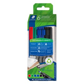 STAEDTLER Lumocolor Permanent Universal Pen, Waterproof, Refillable, Low Odour, Line Width 0.6 mm, Recycled Plastic, Long Life, 6 Markers in Assorted Colours, 318 C6-1