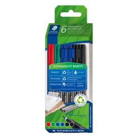 STAEDTLER Lumocolor Permanent Universal Pen, Waterproof, Refillable, Low Odour, Line Width 0.6 mm, Recycled Plastic, Long Life, 6 Markers in Assorted Colours, 318 C6-1