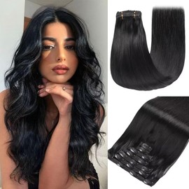 GUDOZO Clip-In Real Hair Extensions, 7 Pieces, 40 cm, 120 g, Jet Black Invisible Real Hair Extensions Clip-In Skin Weft Hair Extensions Real Hair (16 Inches, 1#)