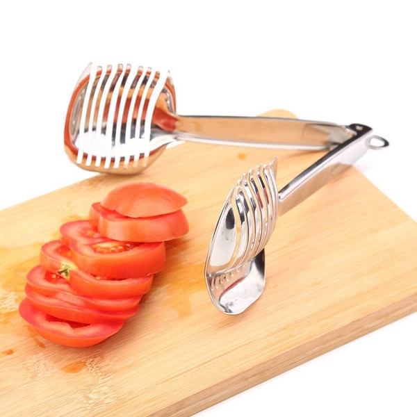 Soporte redondo para cortar tomate, limón, frutas, cebolla, cortador, pinzas guía con asa, para cortar patatas y lima, acero inoxidable