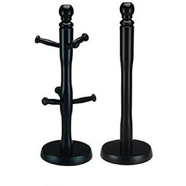 Black Wooden Beechwood Kitchen Towel Roll Holder and Mugtree Holder (Black Mugtree + Roll Holder)