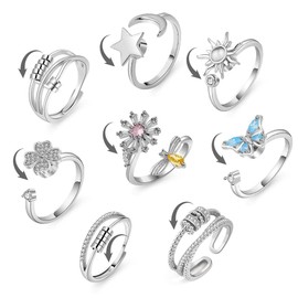 Aucuu Anxiety Spinning Rings for Women, 925 Silver Women's Rings, Open Rings, Fidget Spinner Rings, Cubic Zirconia Fidget Rings, Adjustable Stackable for Stress Relief, Silver