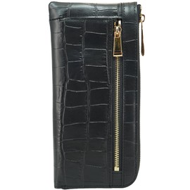 Bliss Leather Crocodile Embossed Luxury Genuine Leather Large Capacity Long Wallet, Round Zipper, Gift Box Included, Black
