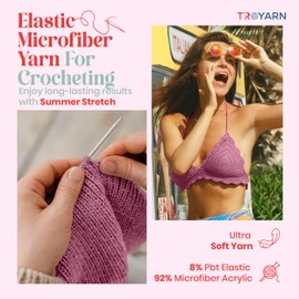 Troyarn Hilo acrílico elástico de verano para ganchillo – 2 madejas de hilo rosa hechas de 100% microfibra acrílica elástica para tejer, 100 g 438 yardas (114178 - rosa)