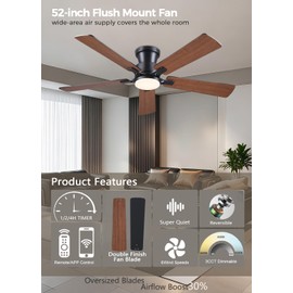 JSAITEE 52Inch Flush Mount Ceiling Fan with Lights Low Profile Brown