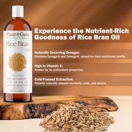 Rice Bran Oil 32 fl. oz. – 100% Pure & Natural Carrier Oil for Skin, Face, Body, and Hair Moisturizing. Great for DIY Creams, Lotions, and Lip Balms.