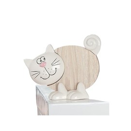 DRW Wooden Ceramic Cat Figurine White and Natural 16 x 5 x 12 cm