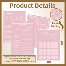 50PCS Pink Baby Shower Game Cards, Funny Gender Reveal Party Favor, Word Scramble Game Cards With Answer Card, Baby Shower Party Game & Activities(4 games, 25 Cards Each)
