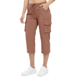 TBMPOY Womens Cargo Capris Hiking Lightweight Pants 6 Pockets Quick Dry Casual Outdoor Trip Loose Shorts Cropped Cotton Grayish Purple-Red L