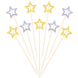 DazzJoy Pack of 50 Star Cocktail Sticks Wood, 12 cm Toothpicks, Wood, Gold Silver Finger Food Skewers, Cocktail Decoration Fruit Skewers, Cocktail Skewers for Party, Star-Shaped Fruit Skewers, Wooden