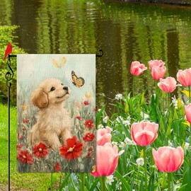 Lorugekyu Spring Cute Puppy Garden Flag Spring Summer Dog Floral Flower Small Flag for Outside Burlap Double Sided Farmland Welcome Yard Lawn Winter Decor 12.5x18"
