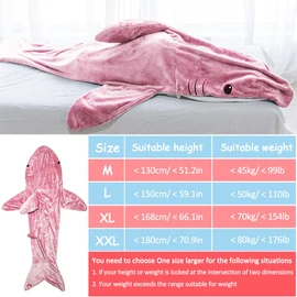 HINATAA Shark Blanket with Hood, Onesie Shark Blanket, Sleeping Bag, Soft, Flannel, Shark Blanket with Hood, Wearable Shark Tail Onesie Blanket (67 x 27.5 inches), Pink)