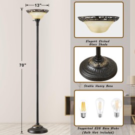 Luvkczc Torchiere Floor Lamp for Living Room - 70" Victorian Standing Lamp with Etched Glass Shade, Corner Floor Lamps for Bedroom/Office