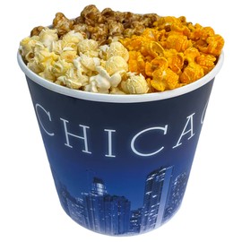 Signature Popcorn, 1-gallon Blue Chicago Skyline Reusable Plastic Bucket Tin, Butter, Caramel and Cheddar Cheese (3-Way Divider), Gourmet Popcorn Snack, Gluten Free