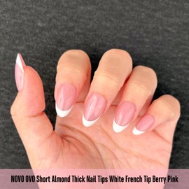 NOVO OVO Almond Short White French Tip Nail Tips Press on BERRY PINK, Extra Thick Full Cover False Fake Nails, Need Builder Gel Top Coat & Glue, for Salon DIY Acrylic Extension x 16 Sizes 224 pcs