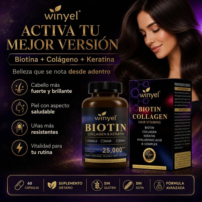 Biotina 25000 Mcg Con Colágeno Y Queratina 60 Cápsulas