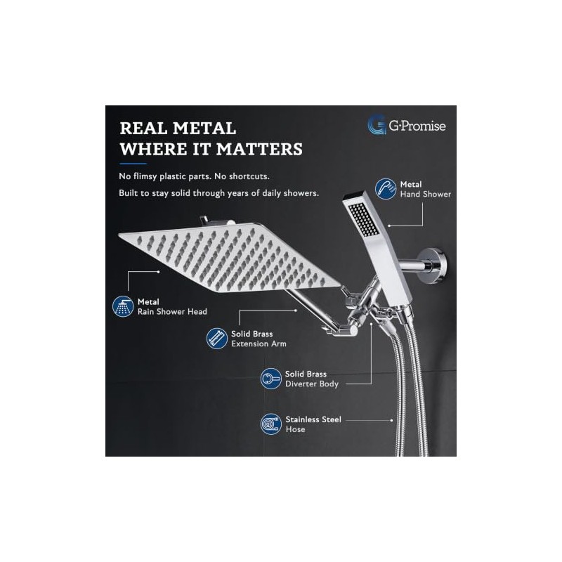 G-Promise All Metal 8 Inch Dual Square Shower Head with