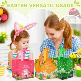 Sanwuta 48 Pcs Easter Gift Bags Easter Reusable Treat Bags Non Woven Bags Easter Tote Bags with Handle Goodie Bags Bunny Bag