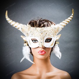 ILOVEMASKS Gold Ram Horns with Feather Earring White Masquerade Fairy Wedding Party Mask