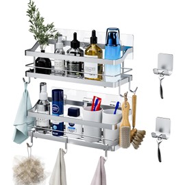 Carwiner Shower Caddy Bathroom Shelf 2-Pack, Basket with 8 Hooks for Hanging Shampoo Conditioner, SUS304 Stainless Steel Rack Wall Mounted Storage Organizer for Kitchen, No Drilling