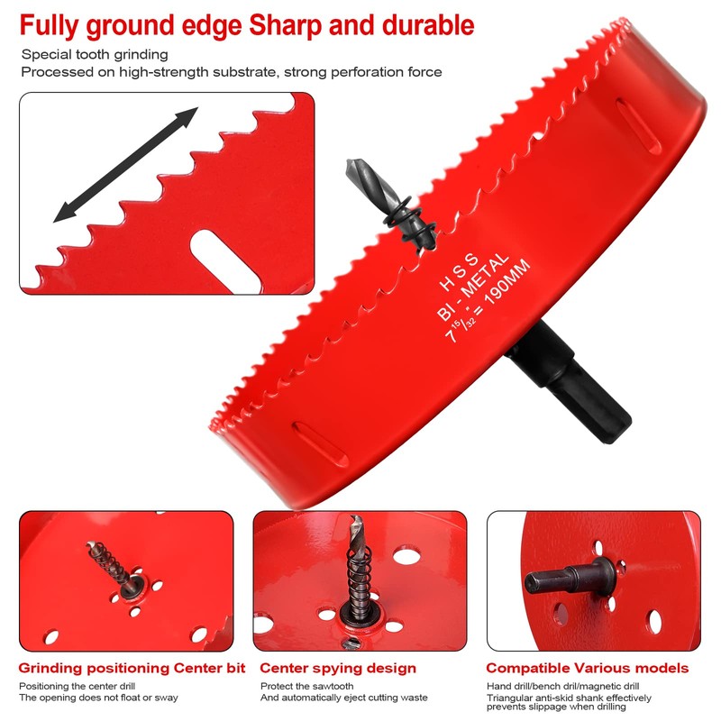Hole Saw 7-1/2" (190mm) for Wood, 7.5 inch HSS Bi-Metal