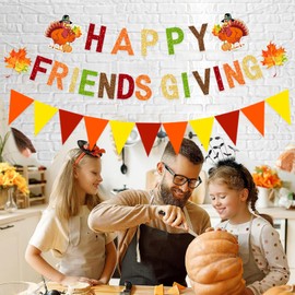 FHGG Glitter Friendsgiving Banner Decorations Thanksgiving Decorations Banner for Party Glitter Colorful Happy Friendsgiving Banner Fall Maple Leaves Turkey Pumpkin Indoor Outdoor Garland Friendsgiving Thanksgiving Party Supplies