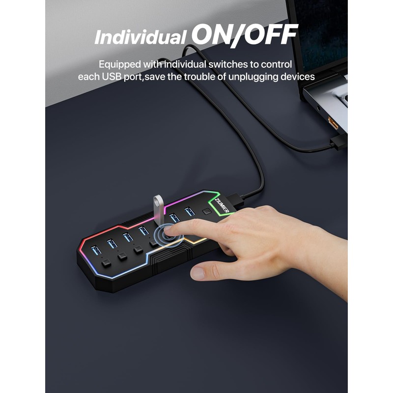 ZIUMIER USB 3.0 Hub,7 Ports USB Expander with RGB LED
