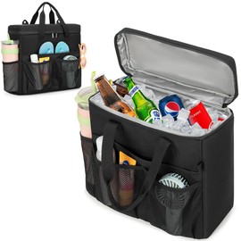 Rexmica Portable Insulated Cooler Bag, Leakproof Beach Cooler Bag with Multiple External Pockets, Can Cooler Tote Bag for Beach, Camping, Picnic, Road Trips, Travel Cooler for Men and Women, Black