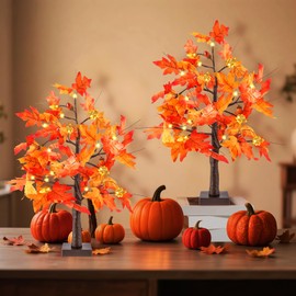 2 Pack 24" Lighted Fall Tree, Fall Decor Artificial Light Up Maple Tree with 24 Prelit Lights Thanksgiving Decoration for Home Indoor Autumn Harvest Decor