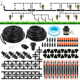 Greenhouse Micro Drip Irrigation Kit 165FT 142PCS Automatic Patio Misting Plant Watering System Distribution Tubing Hose Adjustable Nozzle Emitters Sprinkler Barbed Fittings (165FT-20Sprinkler Head)