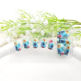 Press on Nails Medium Fake Nails Square Flower Acrylic False Nails Glossy Blue Glue on Nails Square Medium Nails Press ons Green Leaf Designs Summer Artificial Stick on Nails for Women Girls 24Pcs