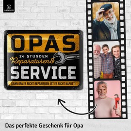 LANOLU Retro Blechschild OPAS SERVICE - Schild Werkstatt OPA - Geburtstagsgeschenk oder Vatertagsgeschenk Schild für Opas - lustige retro Deko mit Spruch, 15x20 cm