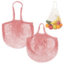 M METERXITY 2-Pack Cotton Mesh Bag, Reusable Washable Mesh Net String Grocery Bags, Reusable Produce Bags with Handle, Net Tote Bag for Fruits Shopping [Pink-Gray, Long&Short Handle]