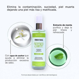 Tónico facial astringente para piel grasa, con agua de azahar, extractos naturales y menta, refresca, controla el brillo, disminuye poros abiertos, piel mate.
