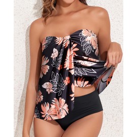 Tempt Me Floral Black Two Piece Tankini Bathing Suits for Women Halter Bandeau Swim Top with Bottom Flyaway Tummy Control Swimsuit L