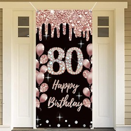 80th Birthday Decoration for Women Happy 80th Birthday Poster Door Banner Black and Rose Fabric Sign Wall/Door Banner 80th Birthday Background Banner Woman Birthday Party Welcome Sign