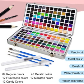Solid Watercolor 168 Color Set, Solid Watercolor, Watercolor Paint Set, Water Brush Pen with Palette, Portable Box, Watercolor, Travel Set, Artists, Beginners to Professionals, Kids and Adults