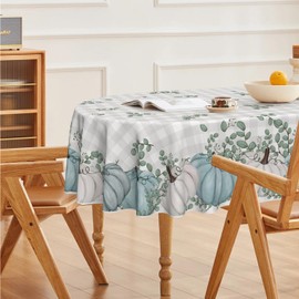 Horaldaily Fall Tablecloth 60×84 Inch Oval, Thanksgiving Autumn Harvest Blue Pumpkin Buffalo Plaid Table Cover for Party Picnic Dinner Decor