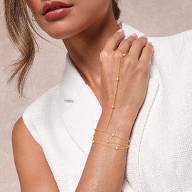 Risamil Bracelets for Women Trendy, 14K Gold Plated Hand Chain Stack Adjustable Dainty Cute Bead Layered Finger Ring Link Jewelry Gifts