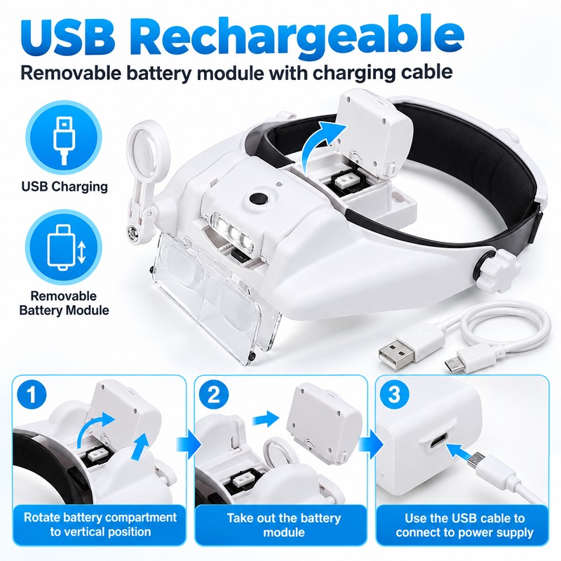 Rechargeable LED Headband Magnifier for Precision Work – Interchangeable Lenses