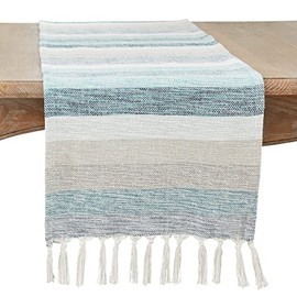 SARO LIFESTYLE Fringed Stripe Table Runner, 16"x90", Aqua