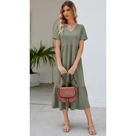 Women's 2025 Summer Short Sleeve V Neck Swing Dress Flowy Tiered Maxi Beach Sundress with Pockets Army Green