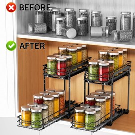 RCHYFEED Spice Organization for Cabinet, 2 Tier Pull Out Spice Rack for Seasoning Organizer, Height Adjustable Heavy Duty Metal Basket for Inside Cabinets & Pantry Closet(5.5" Wx10.5 Dx9.5 H)