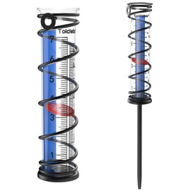 Toiclebor Rain Gauge Outdoor,Freeze Proof Plastic Tube with Black Spiral Stand,with Red Float,Wall Mount or Ground Install,Dual Scale,Model RM-BS7-002