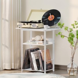 LEBOAHOUS 3 Tier Record Player Stand, Industrial Turntable With Storage Shelf for 100 Albums, White Printer Stand for Office Fax Machine Files Scanner, End Side Table for Living Room, Bedroom